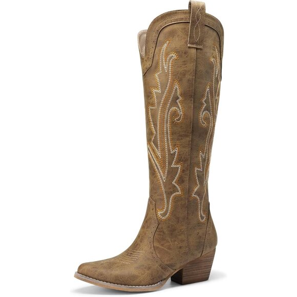 ⚡Women's Tan Knee High Boots Embroidered Pull On Side Zipper Chunky Heel - Picture 1 of 9
